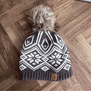 Panache Nordic Knit Hat with Faux Fur Pom-Pom - Gray and White